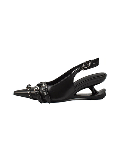 Studded Buckle Pointed-Toe Slingback Heels