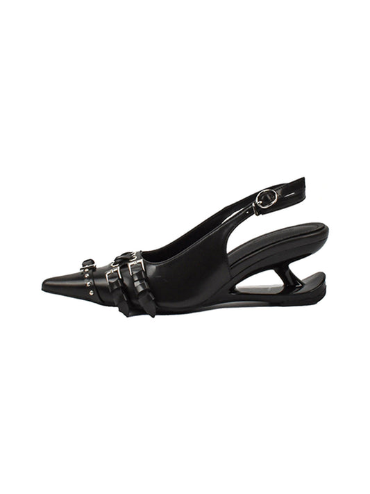 Studded Buckle Pointed-Toe Slingback Heels