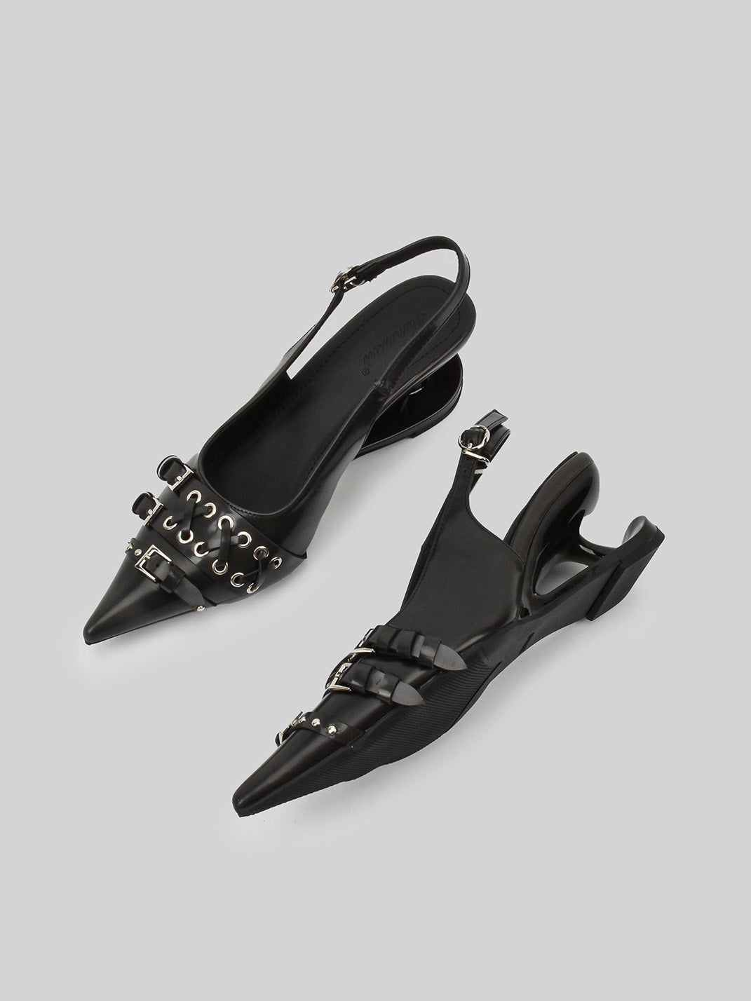 Studded Buckle Pointed-Toe Slingback Heels