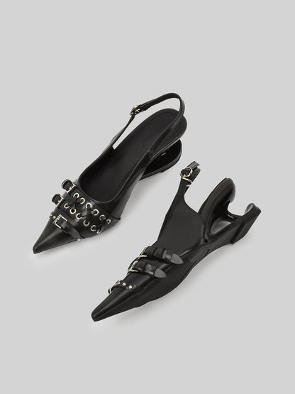 Studded Buckle Pointed-Toe Slingback Heels