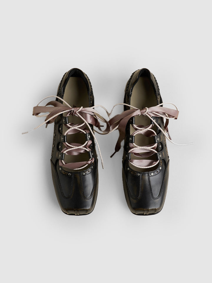 Ribbon-Wrapped Square-Front Trainer Flats