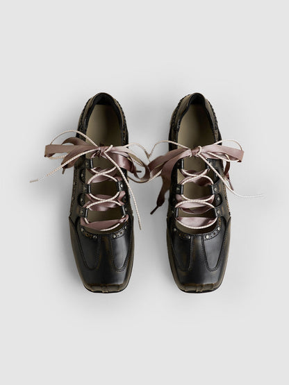 Ribbon-Wrapped Square-Front Trainer Flats
