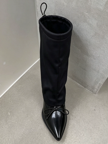 Satin-Shaft Pointed-Toe Mid-Calf Boots