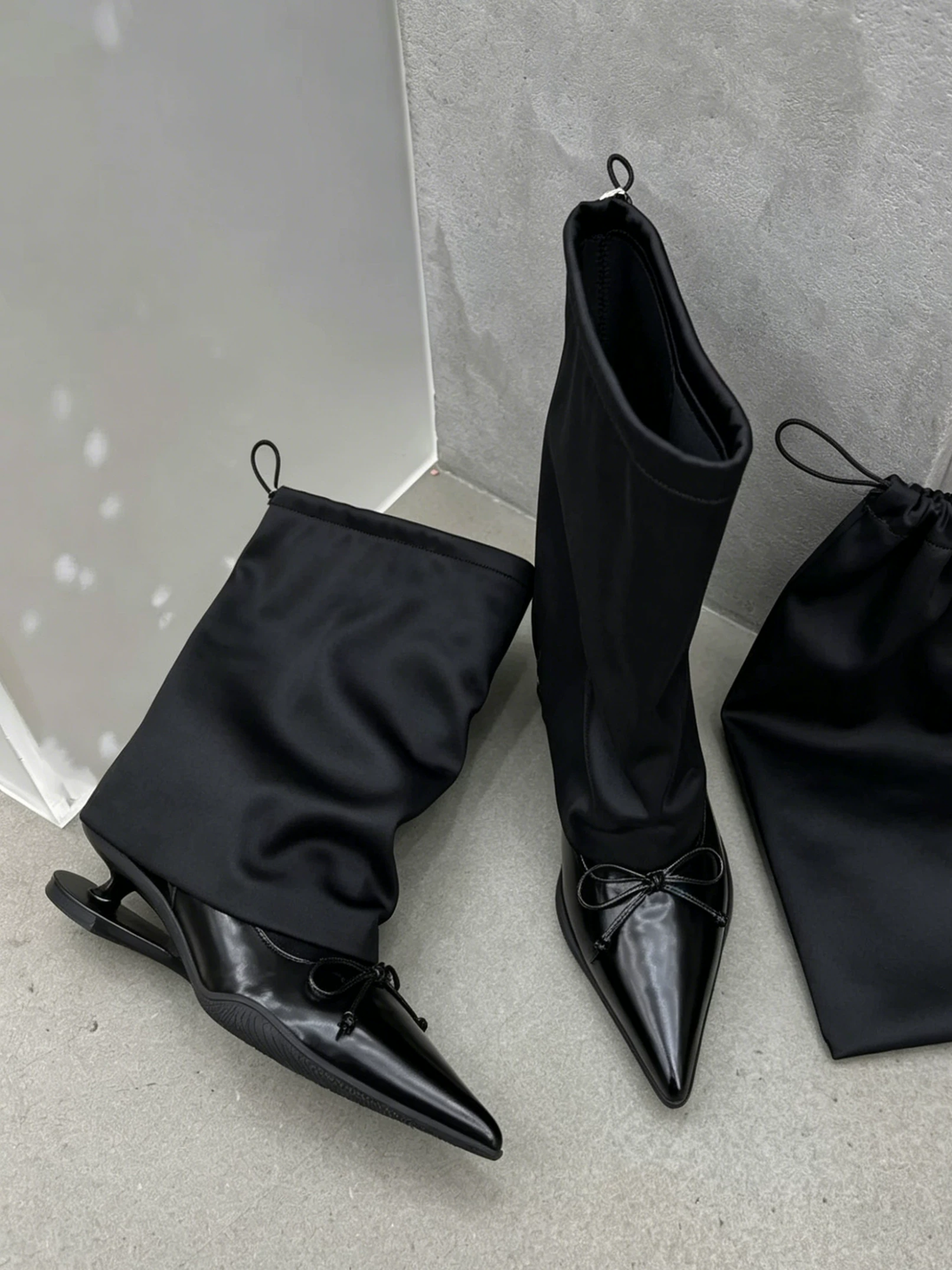 Satin-Shaft Pointed-Toe Mid-Calf Boots
