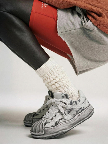 Distressed Shell-Toe Leather Skate Sneakers