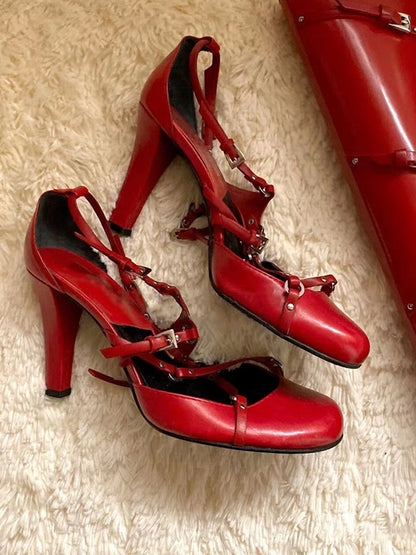 Satin Cross-Strap Round-Toe Heels