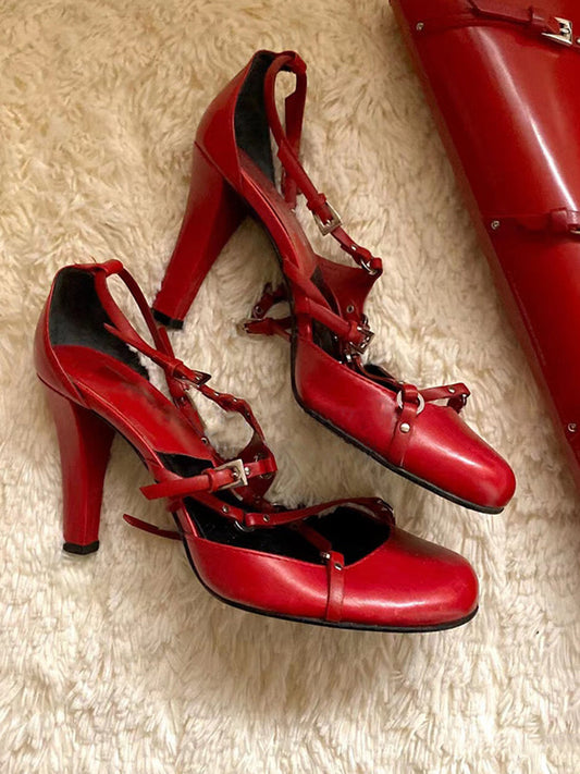 Satin Cross-Strap Round-Toe Heels