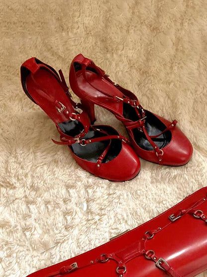 Satin Cross-Strap Round-Toe Heels