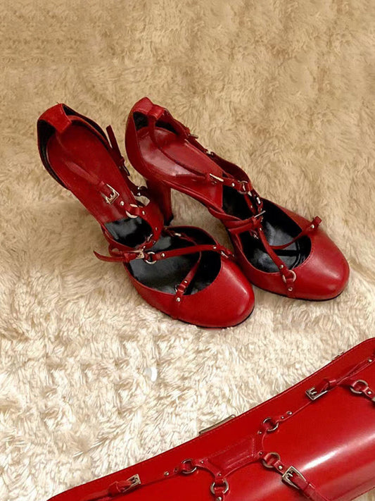 Satin Cross-Strap Round-Toe Heels