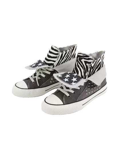 Zebra-Lined Rivet High-Top Canvas Sneakers