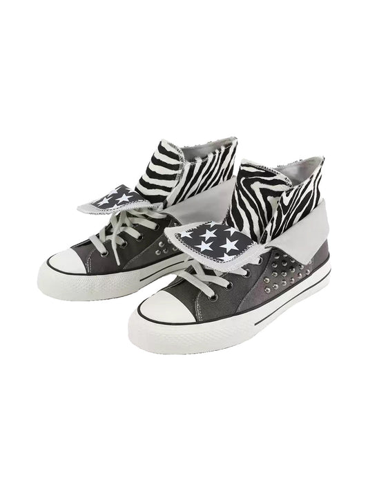 Zebra-Lined Rivet High-Top Canvas Sneakers
