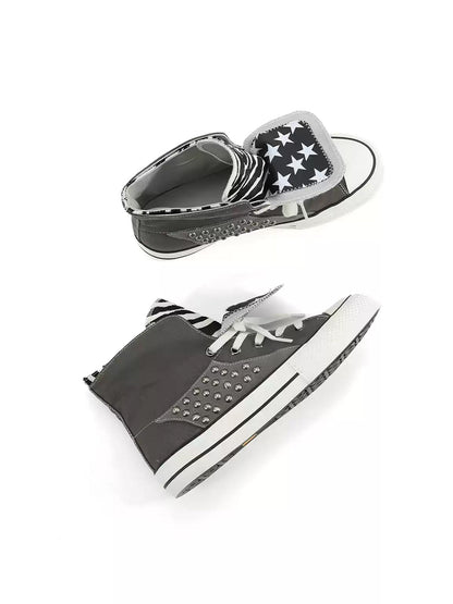 Zebra-Lined Rivet High-Top Canvas Sneakers