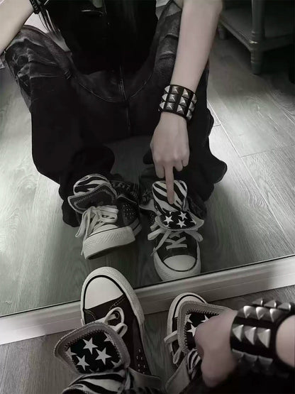 Zebra-Lined Rivet High-Top Canvas Sneakers