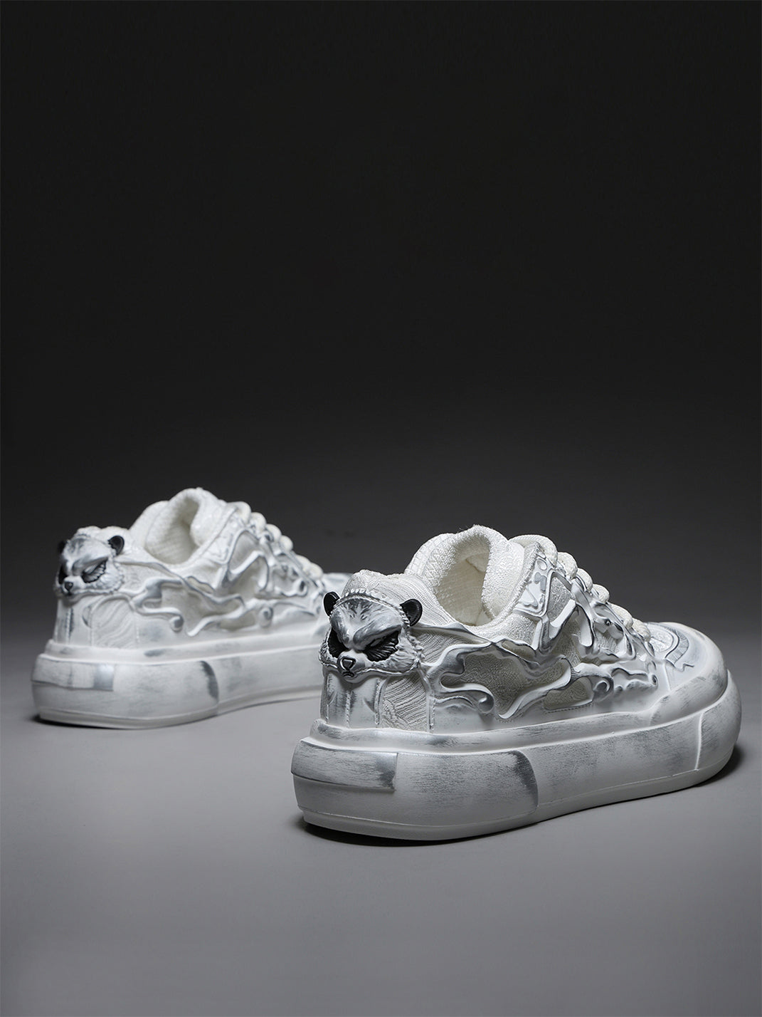Distressed White Tai Chi Panda Platform Sneakers