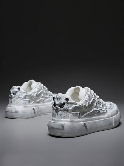 Distressed White Tai Chi Panda Platform Sneakers