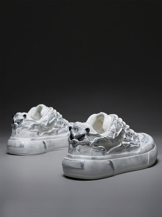 Distressed White Tai Chi Panda Platform Sneakers