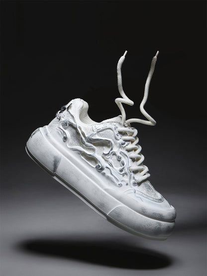 Distressed White Tai Chi Panda Platform Sneakers