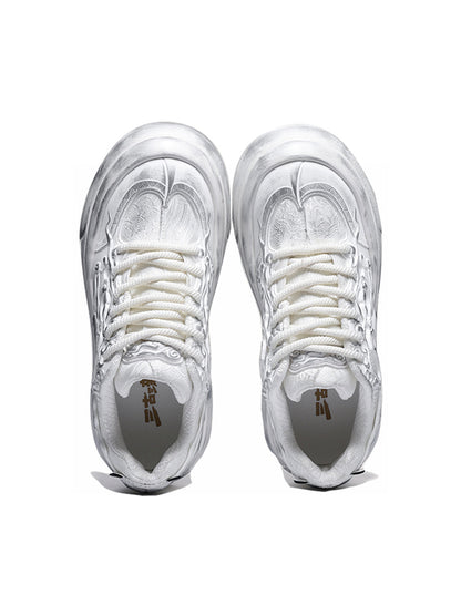 Distressed White Tai Chi Panda Platform Sneakers