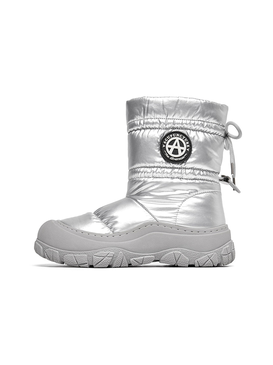 Silver Drawstring Puffer Snow Boots