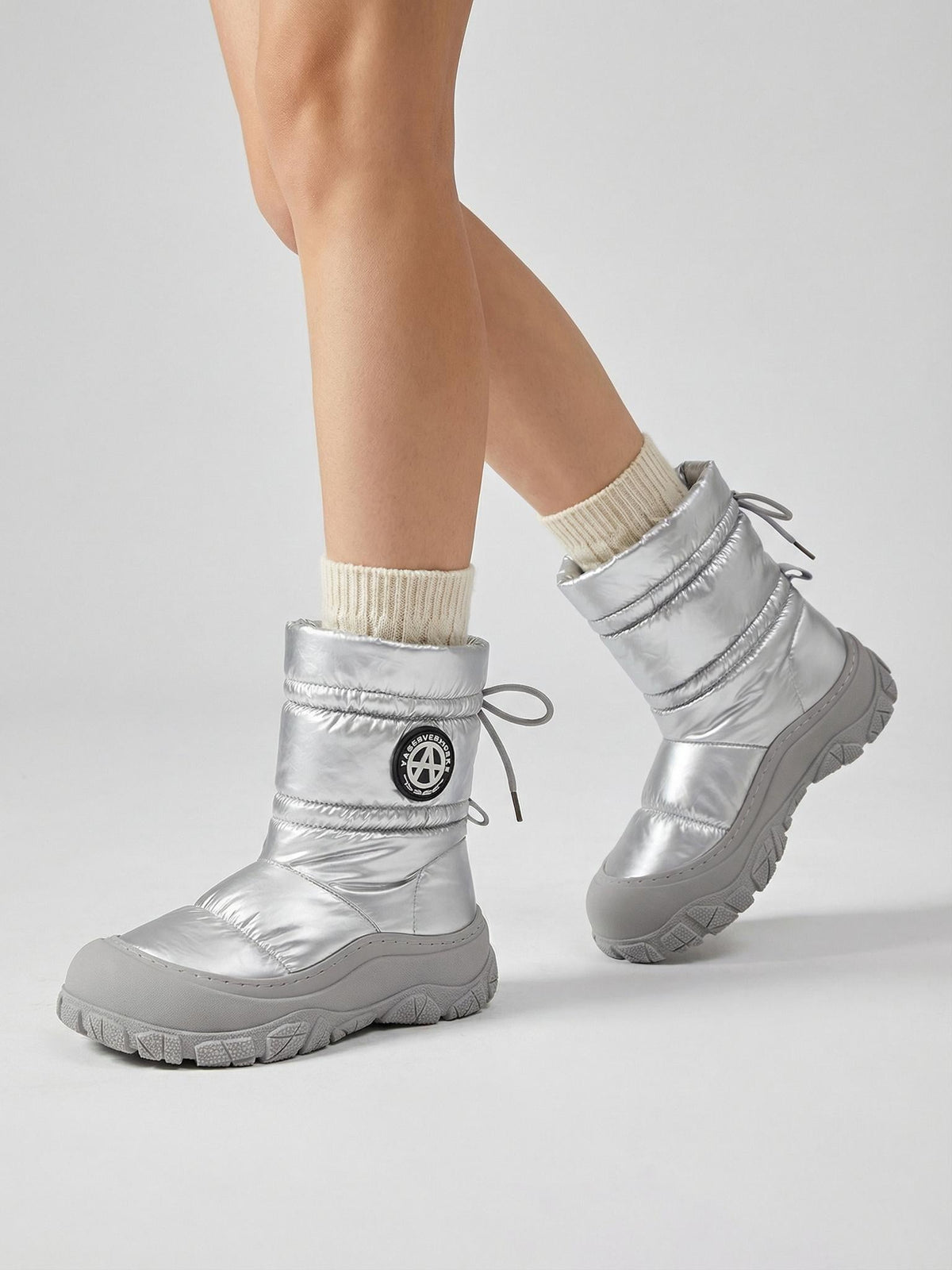 Silver Drawstring Puffer Snow Boots