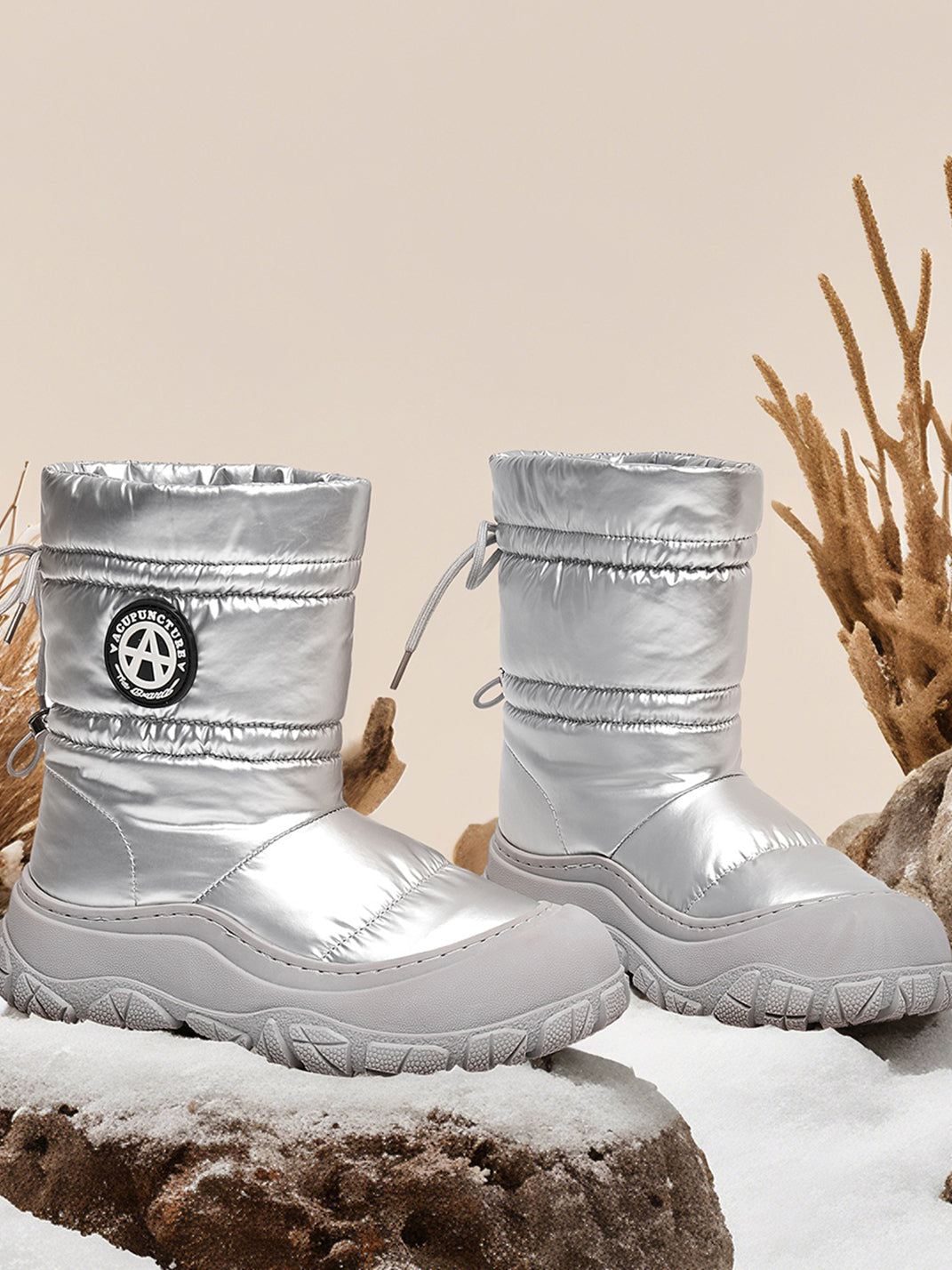 Silver Drawstring Puffer Snow Boots