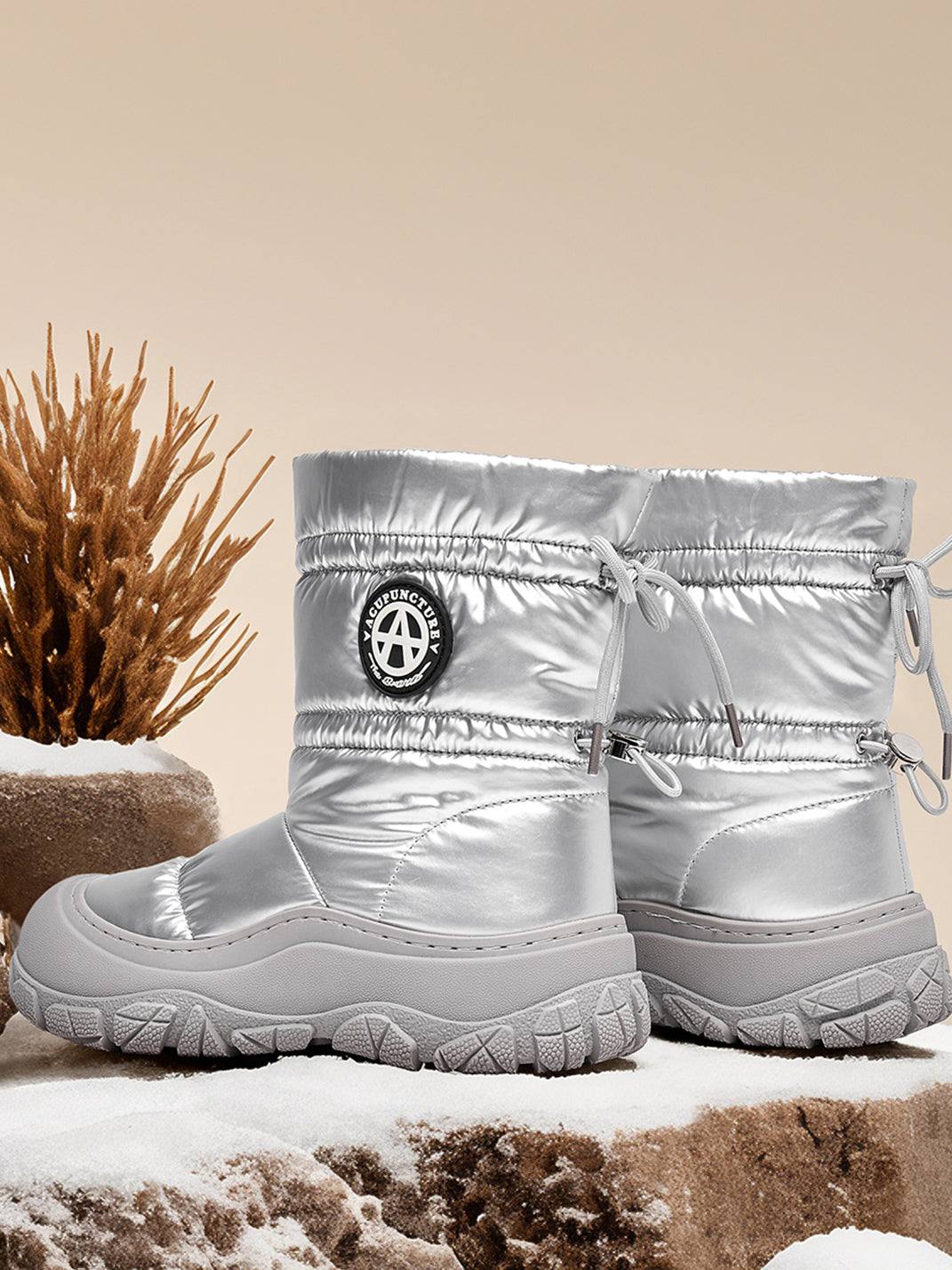 Silver Drawstring Puffer Snow Boots