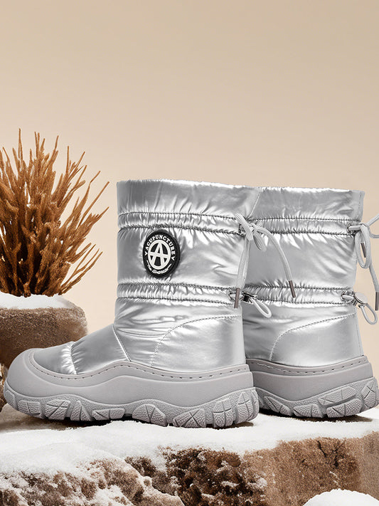 Silver Drawstring Puffer Snow Boots