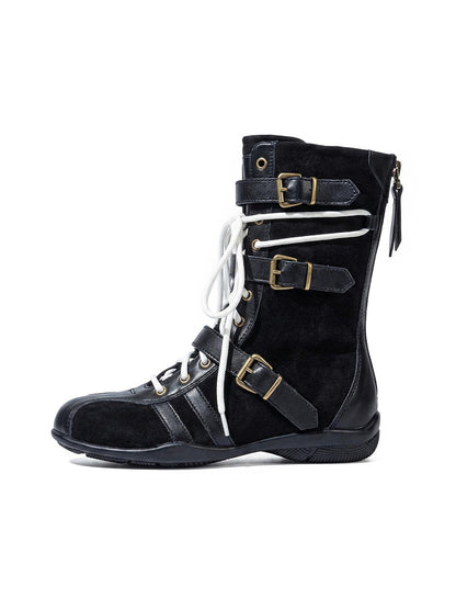 Lace-Up Buckled Mid-Calf Combat Boots
