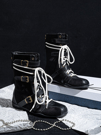 Lace-Up Buckled Mid-Calf Combat Boots