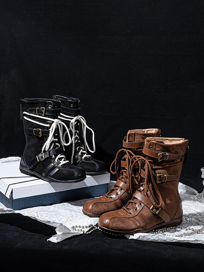 Lace-Up Buckled Mid-Calf Combat Boots