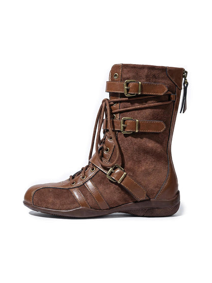 Lace-Up Buckled Mid-Calf Combat Boots