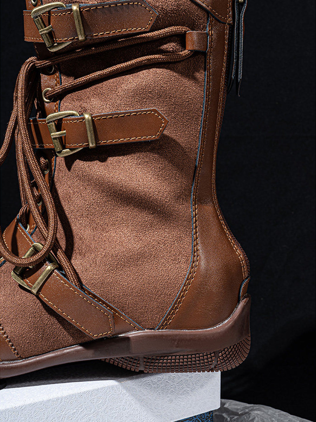 Lace-Up Buckled Mid-Calf Combat Boots