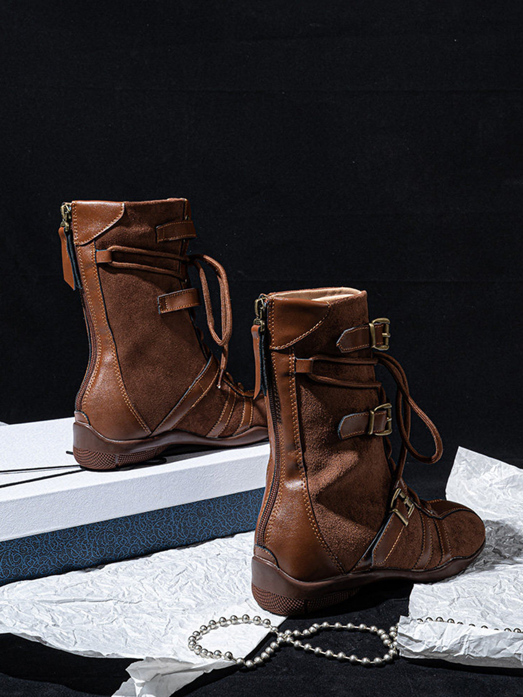Lace-Up Buckled Mid-Calf Combat Boots