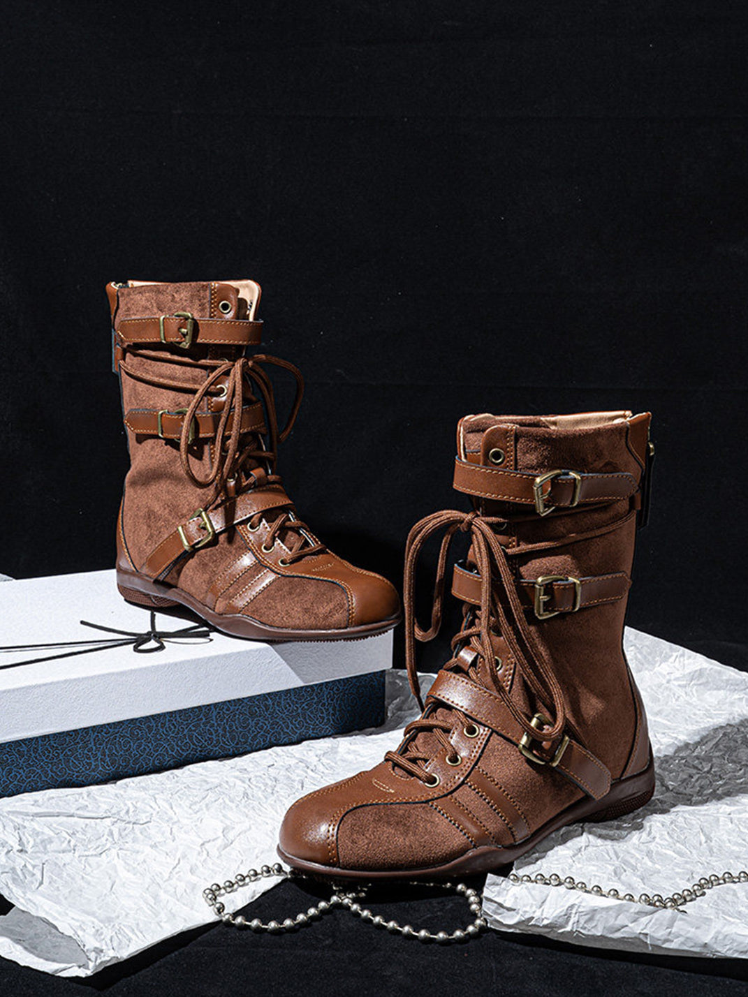 Lace-Up Buckled Mid-Calf Combat Boots