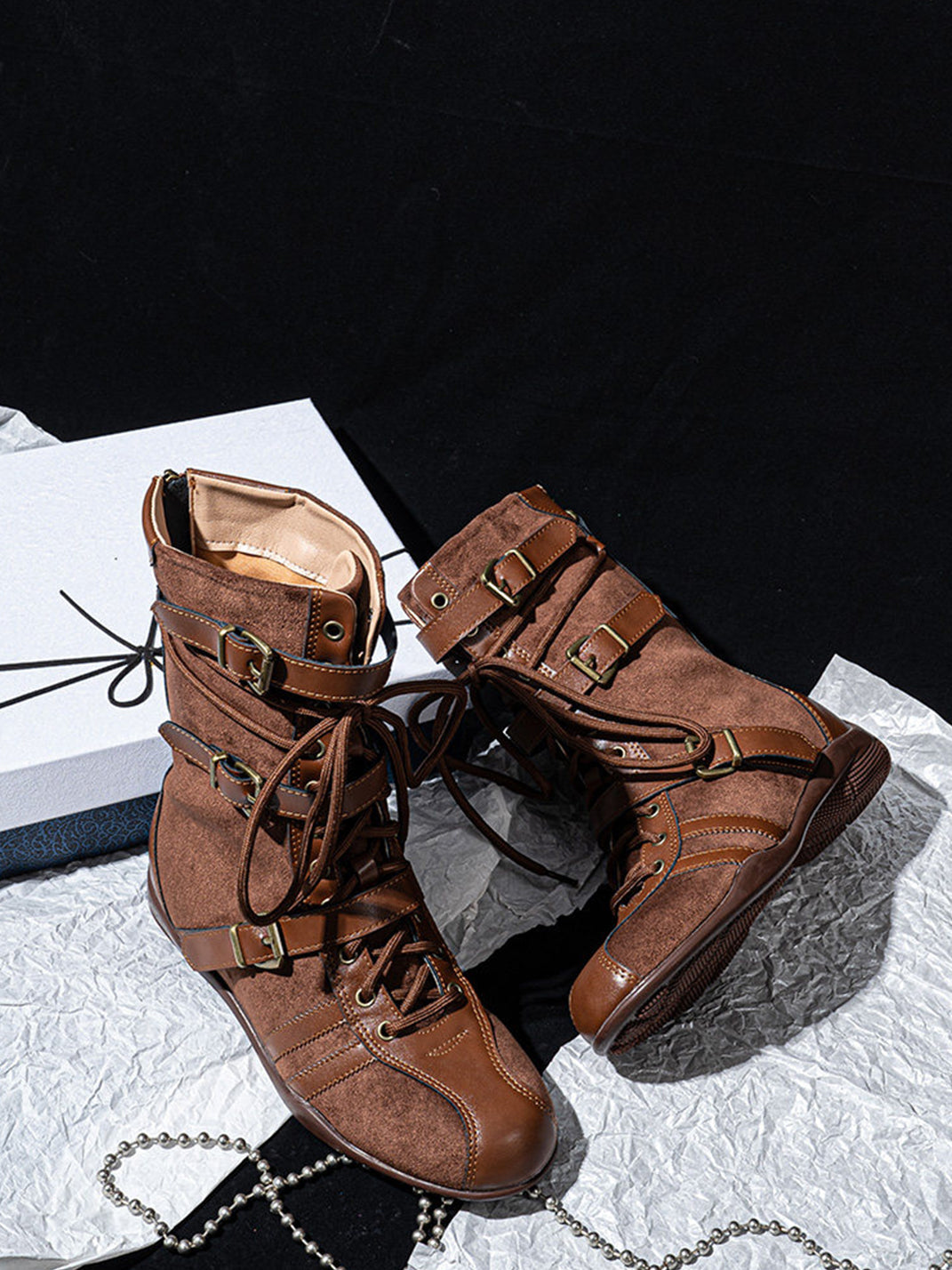 Lace-Up Buckled Mid-Calf Combat Boots