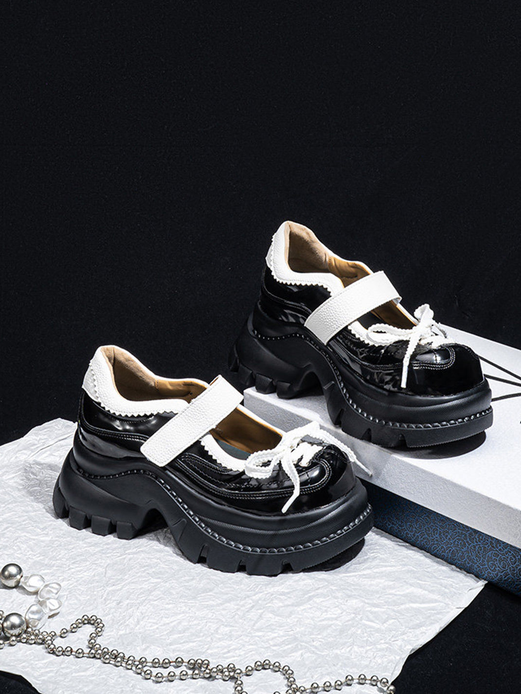 Contrast-Strap Glossy Platform Mary Janes
