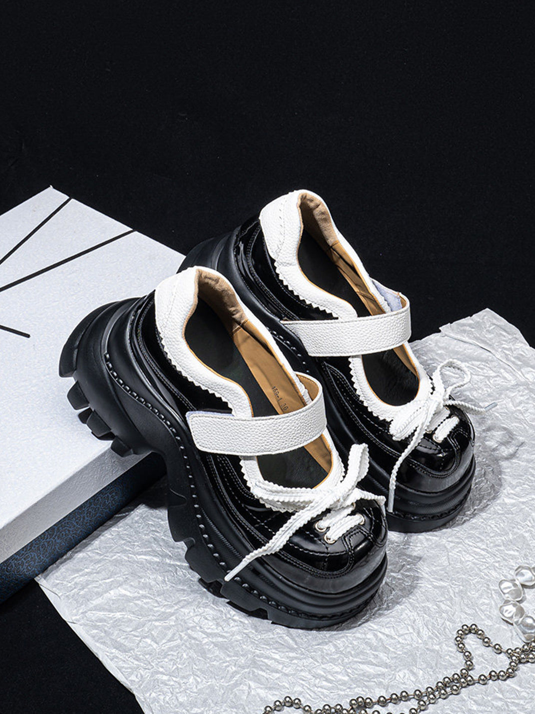 Contrast-Strap Glossy Platform Mary Janes