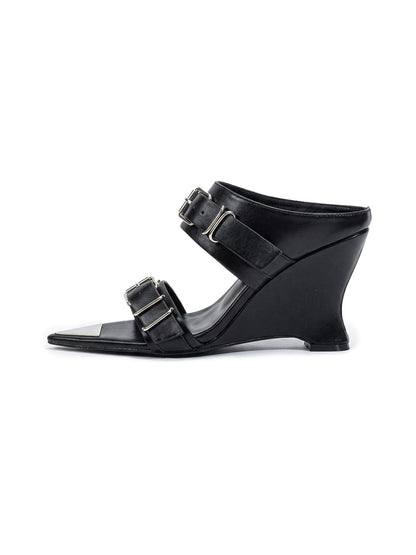 Pointed-Toe Triple-Buckle Wedge Sandals