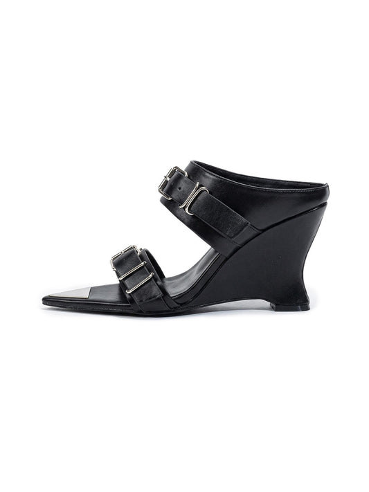 Pointed-Toe Triple-Buckle Wedge Sandals