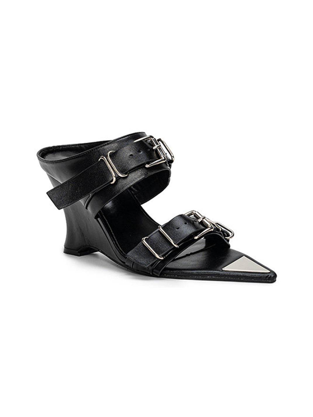 Pointed-Toe Triple-Buckle Wedge Sandals