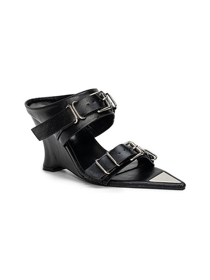Pointed-Toe Triple-Buckle Wedge Sandals