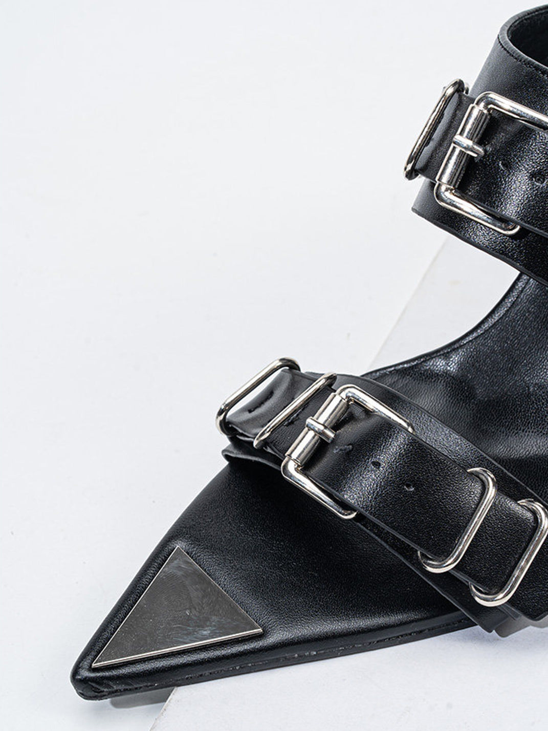 Pointed-Toe Triple-Buckle Wedge Sandals