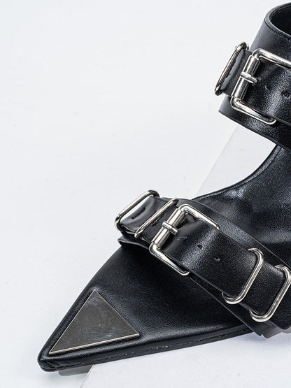 Pointed-Toe Triple-Buckle Wedge Sandals