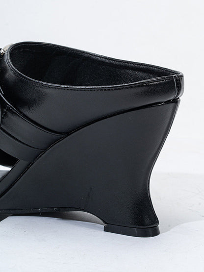 Pointed-Toe Triple-Buckle Wedge Sandals