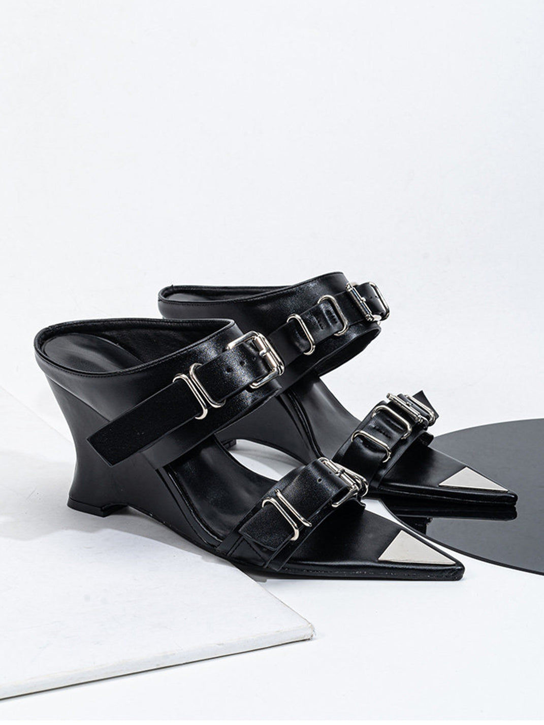 Pointed-Toe Triple-Buckle Wedge Sandals