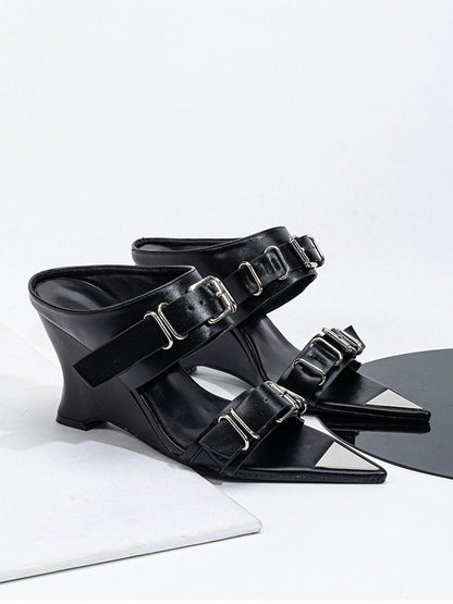 Pointed-Toe Triple-Buckle Wedge Sandals