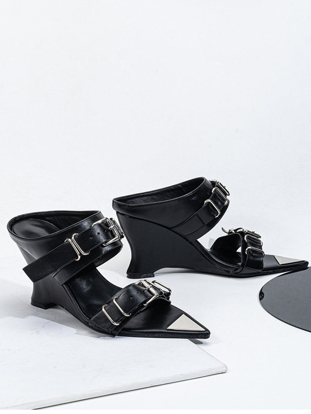 Pointed-Toe Triple-Buckle Wedge Sandals