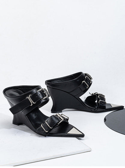 Pointed-Toe Triple-Buckle Wedge Sandals