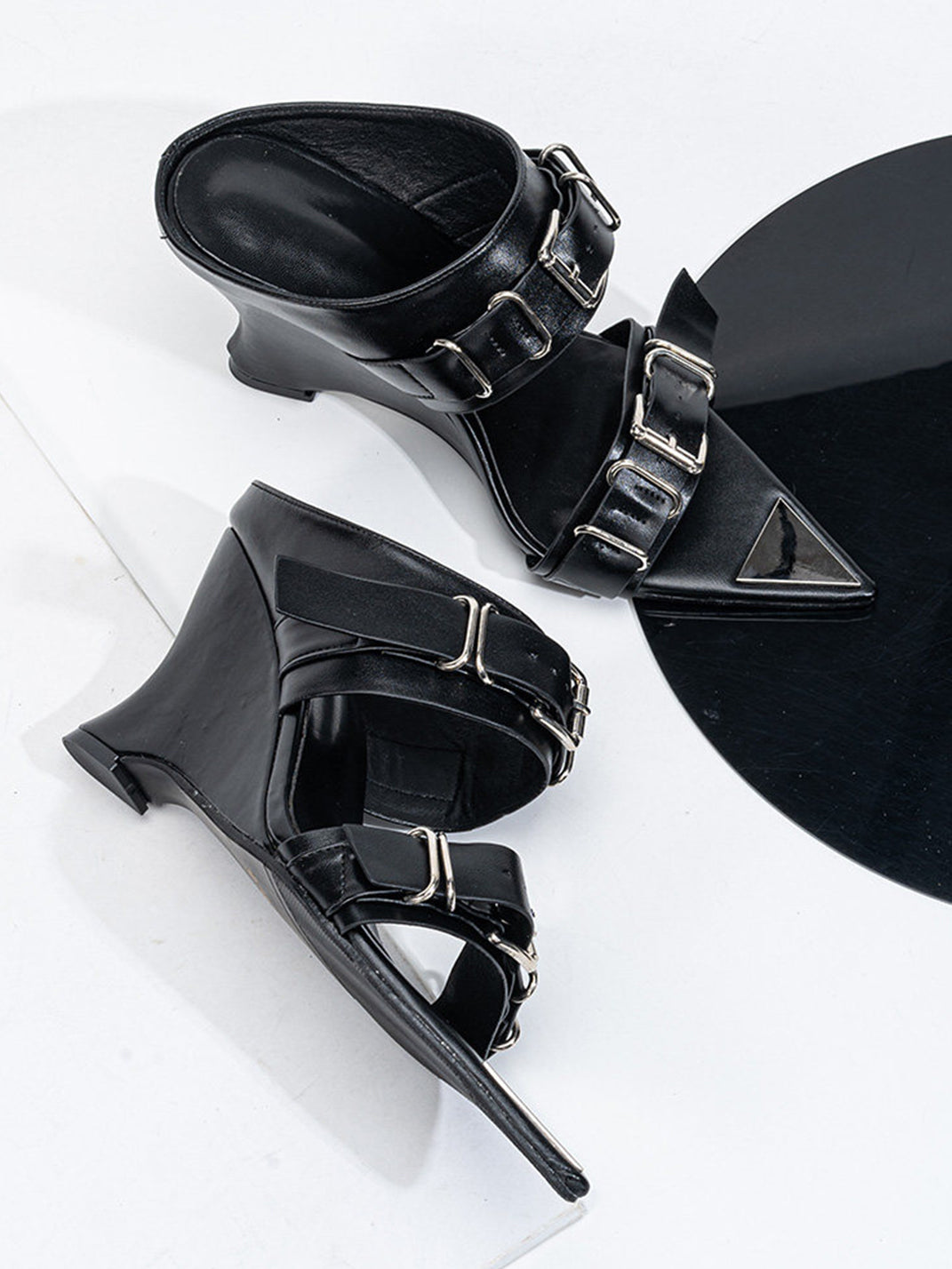 Pointed-Toe Triple-Buckle Wedge Sandals