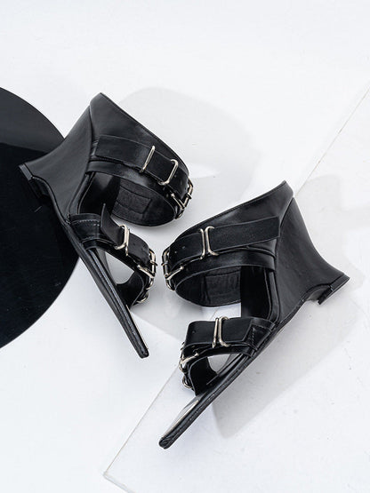 Pointed-Toe Triple-Buckle Wedge Sandals